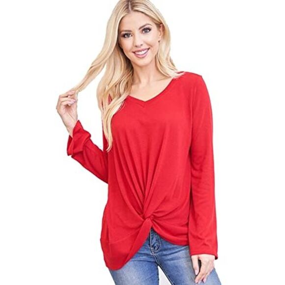 Red Womens Bell Sleeve V-Neck Twist Front Top Size Medium - Picture 2 of 3